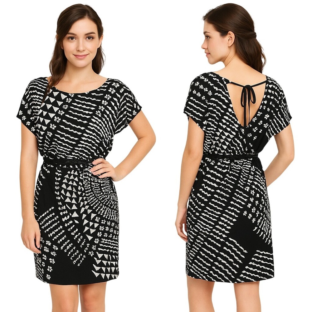 Valerie Bertinelli Dress Black White Geometric Surplice Faux Wrap‎ Short Sleeve